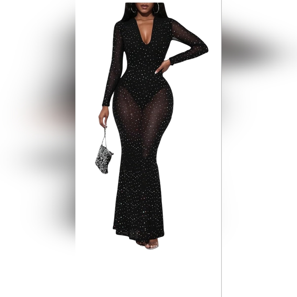 SHEIN Sexy Rhinestone Black Long Sleeve V-Neck Sparkle Gown Size L